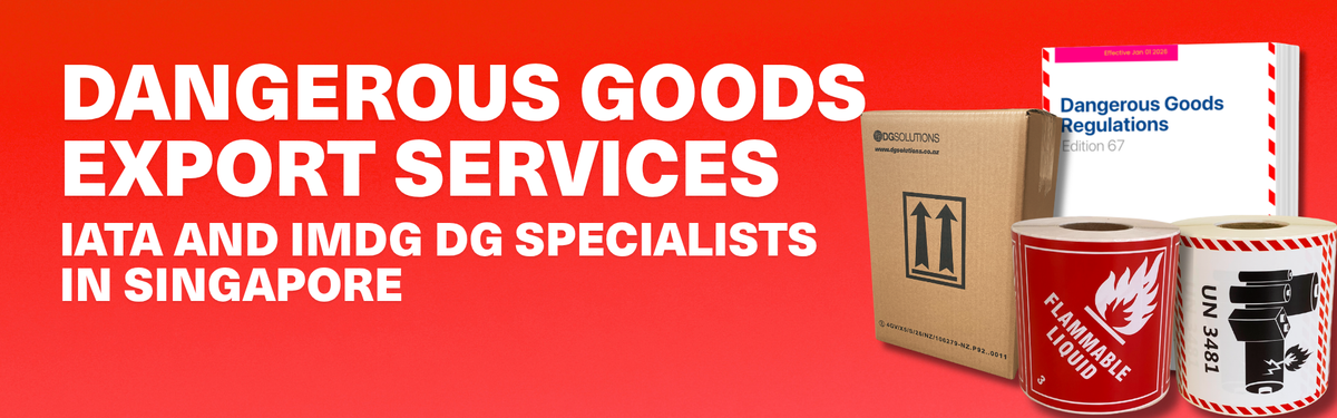 Promotional banner for Dangerous Goods Export Services, featuring white text on a red background with illustrated shipping containers, a hazardous materials canister, and a document labeled Dangerous Goods Regulations.